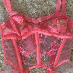 For Love And Lemons pink Velvet Beaded Bow Lace Corset